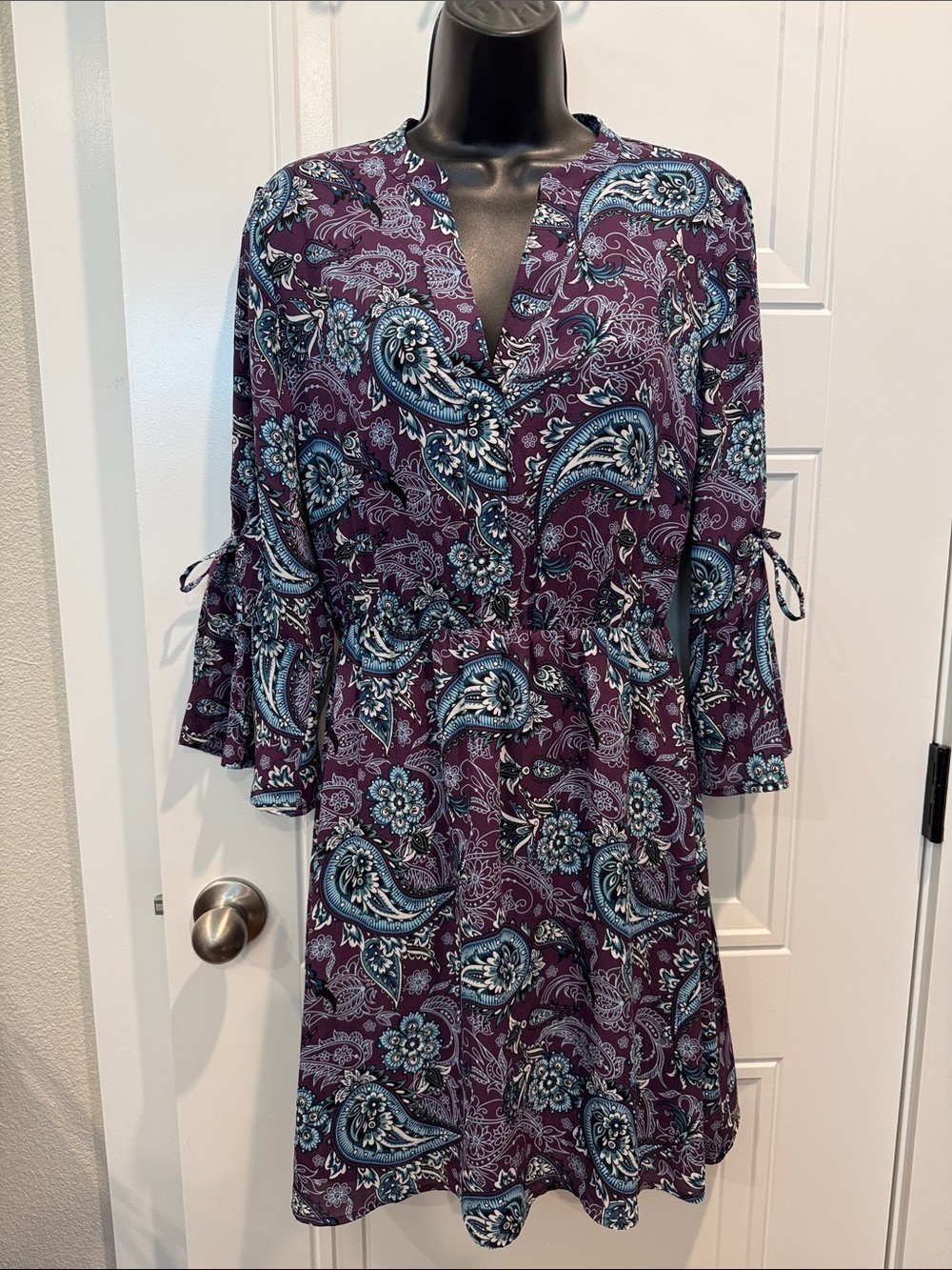 Paisley V-Neck Mini Dress in Purple with Blue Accents